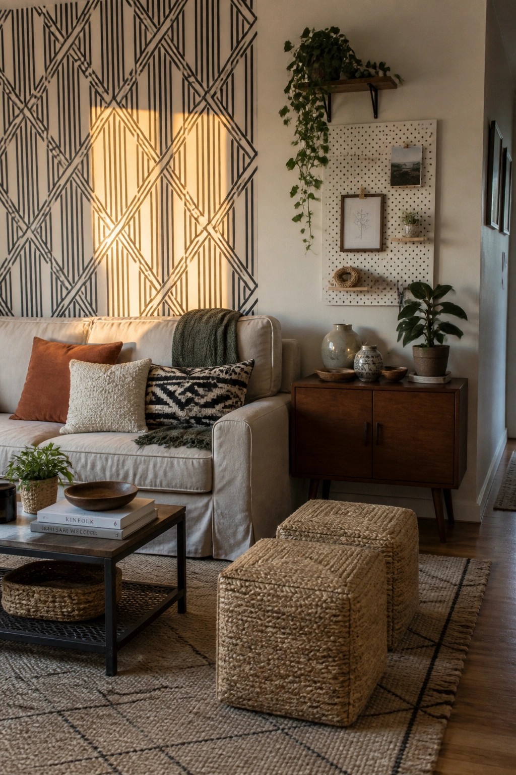 A living room featuring a light sofa against a black geometric patterned wall, two woven ottomans on a rug, a wooden cabinet, and several houseplants.