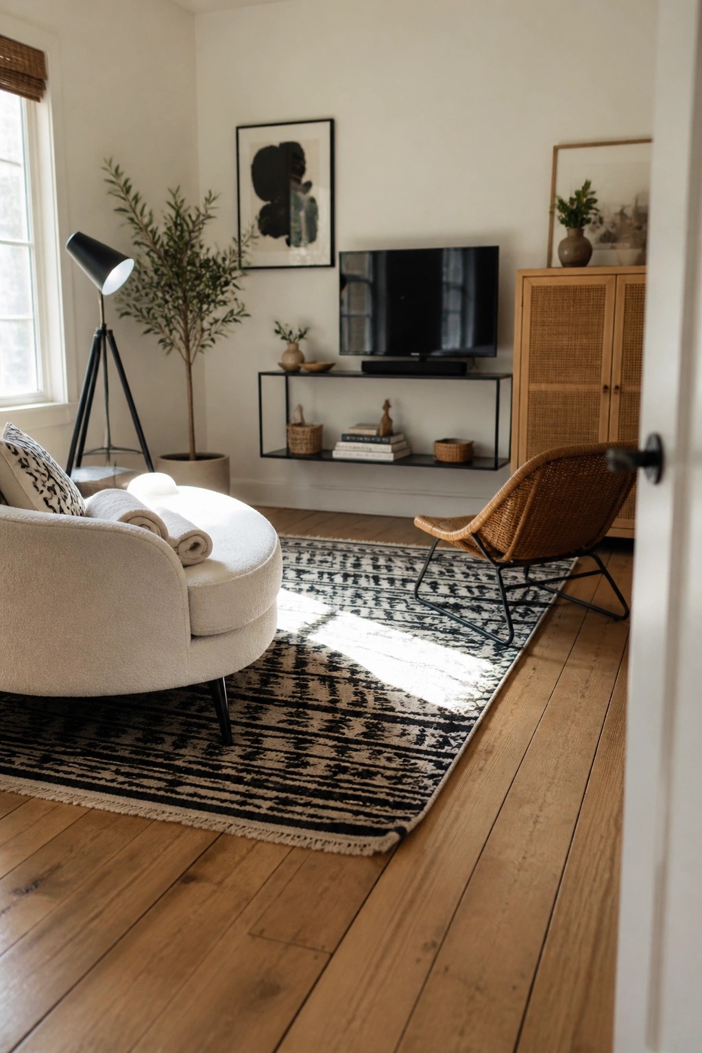 Bright living room with white armchair, patterned rug, wicker chair, and TV console.