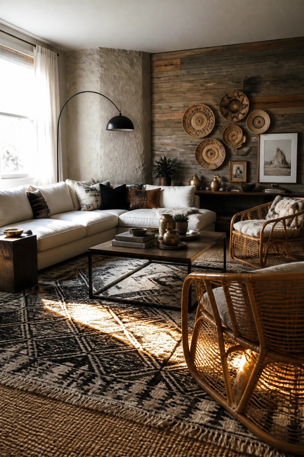 A living room with a white sectional sofa, black metal floor lamp, wooden coffee table with black frame, patterned rug, rattan chairs, and woven baskets on a wood wall.