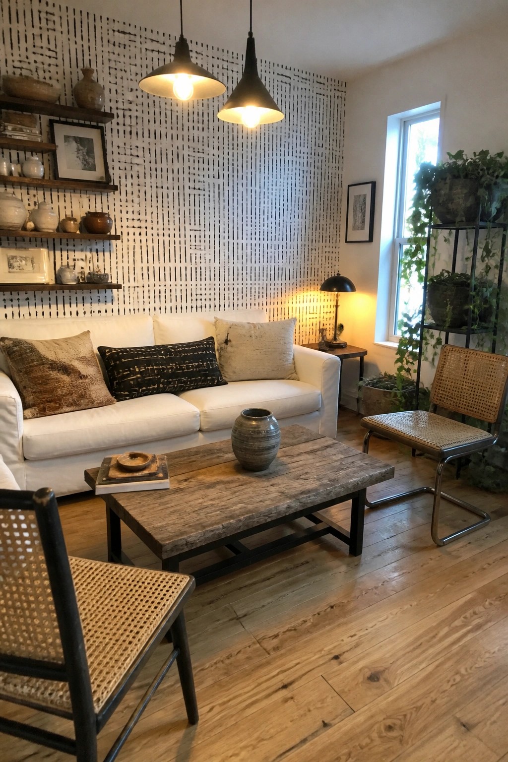 Living room interior with white sofa, wooden coffee table, black pendant lights, woven chairs, and patterned accent wall.