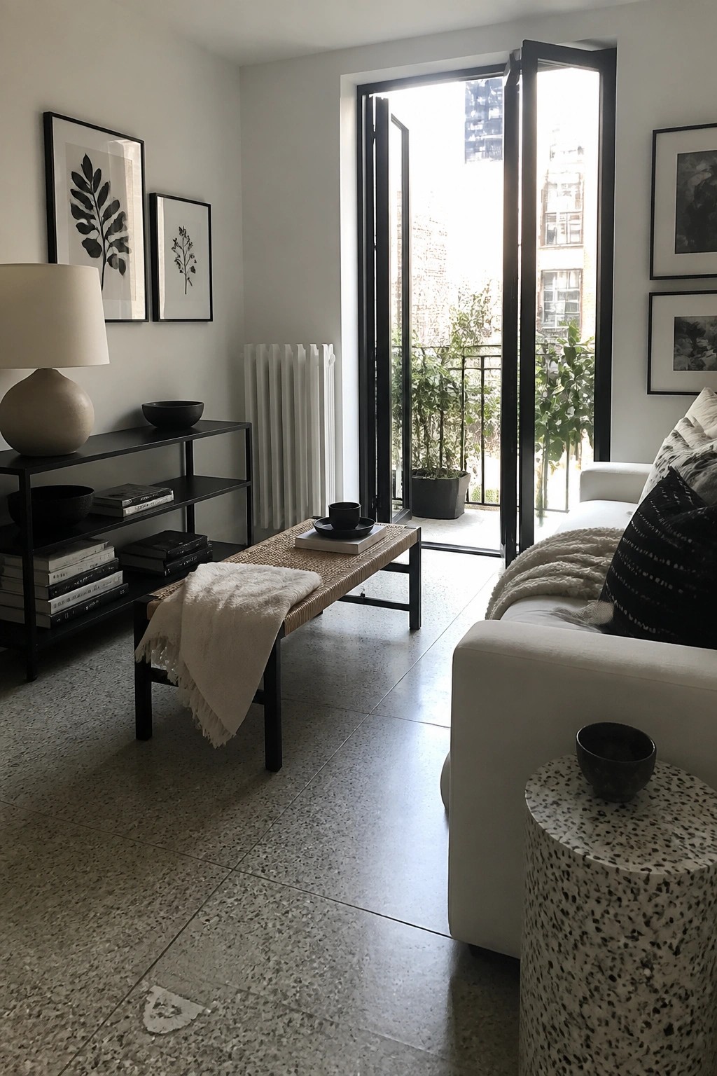 A bright living room with white walls, black metal console and bench, woven bench top, white sofa, and open black-framed doors to a balcony.