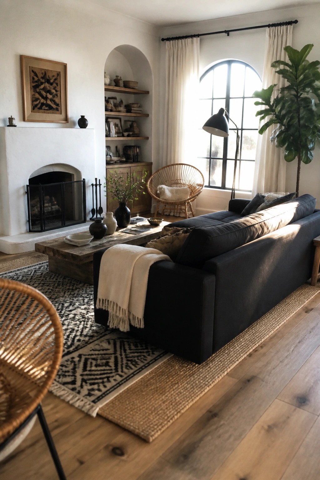 A living room with a dark sofa, white fireplace with black metal screen, wooden coffee table on patterned rugs, and a black floor lamp near an arched window.
