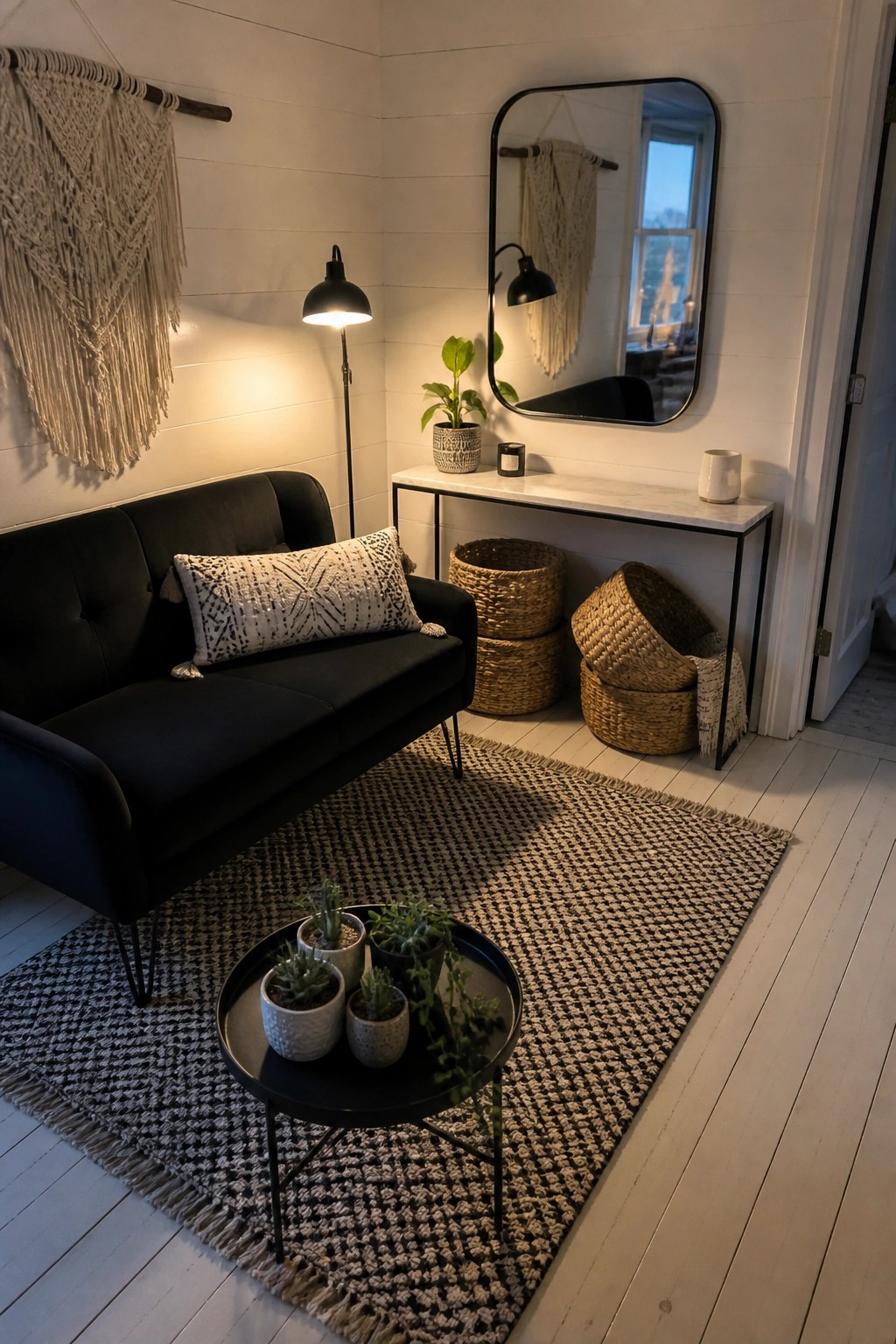 A small living room corner featuring a black sofa on a black and white rug, a round black metal coffee table with potted plants, stacked woven baskets under a marble console table, and a large black-framed mirror on a white wall.