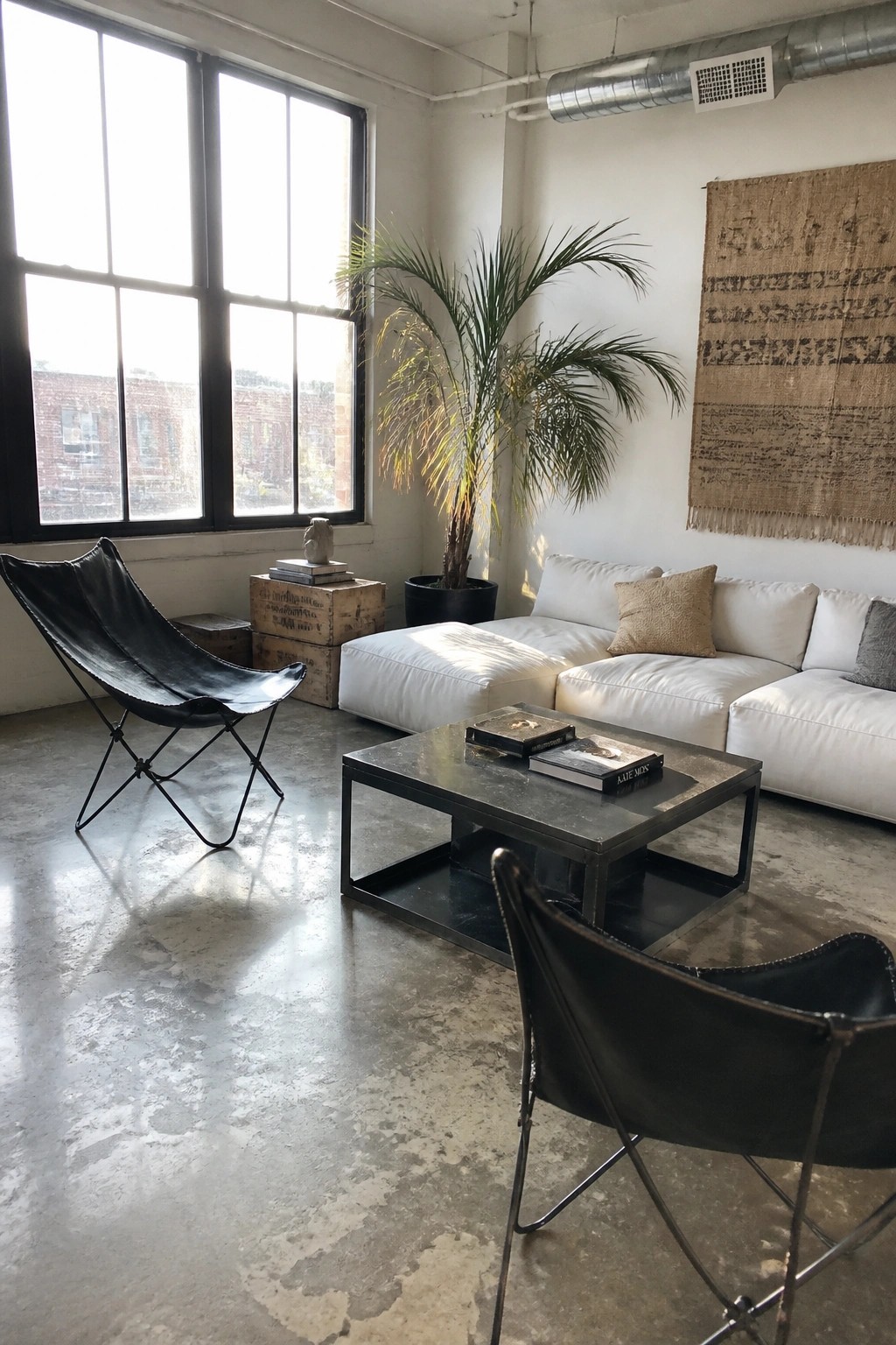 A bright living room with a white sectional sofa, two black butterfly chairs with metal frames, a dark coffee table, a potted palm, and large windows.