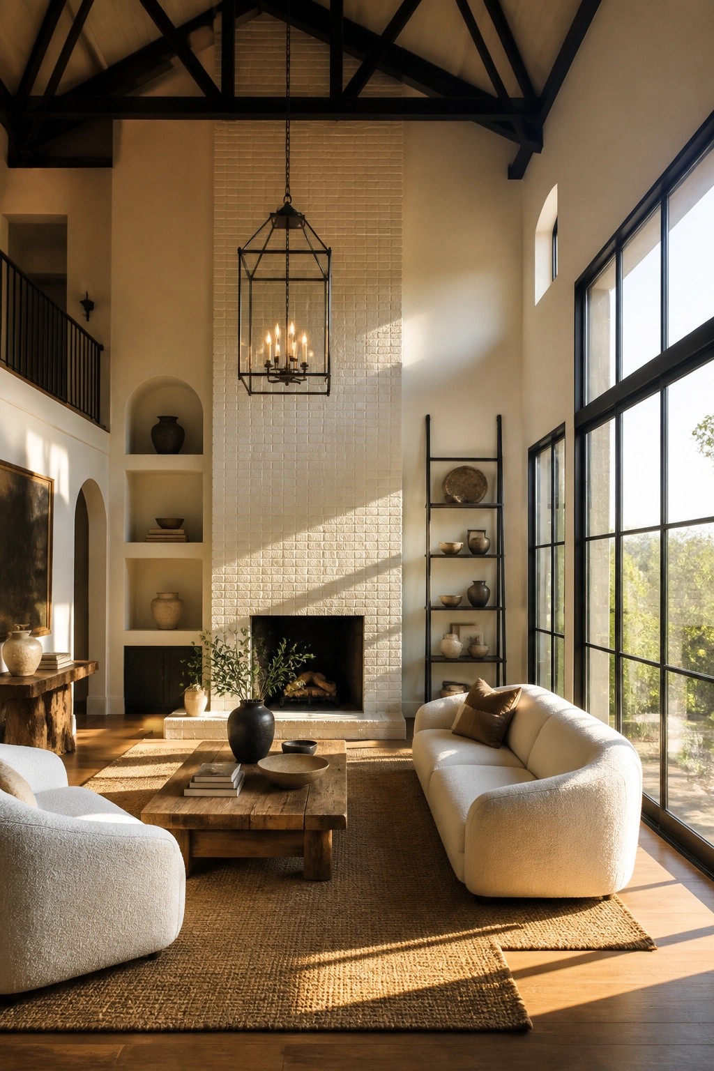 Spacious living room with white brick fireplace, cream sofas, wooden beams, and sunlit windows