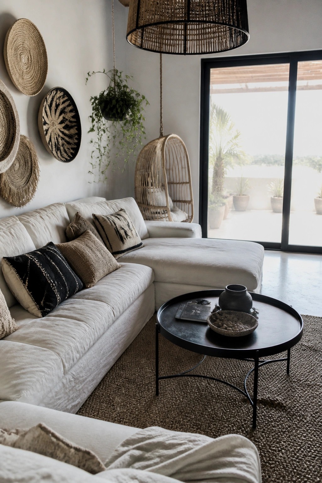 A modern boho living room with a white sectional sofa, black round metal coffee table, woven wall decor, hanging chair, and large glass doors to an outdoor patio.