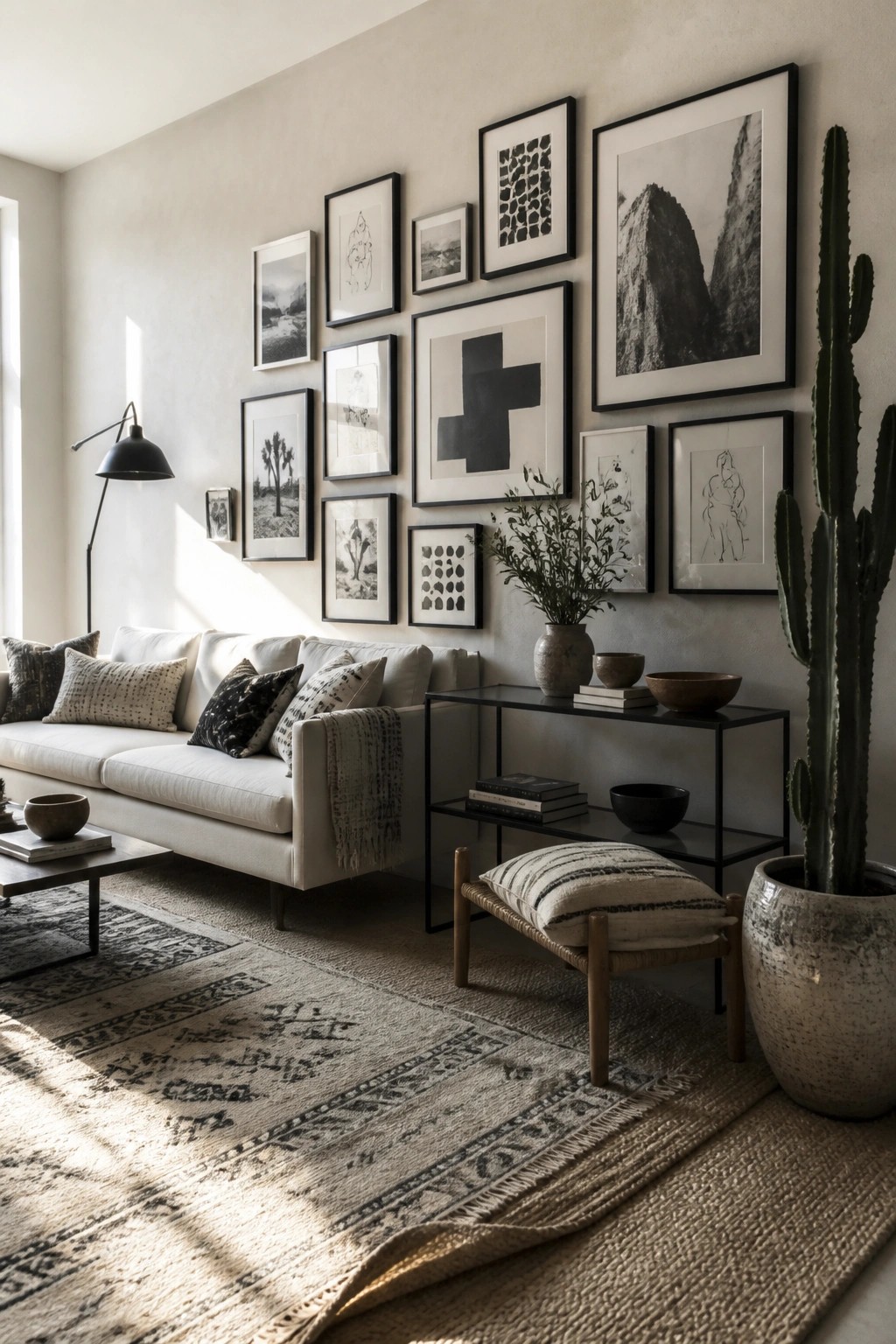 A living room featuring a white sofa against a wall covered in a large gallery of black and white framed artwork, with a black metal console table positioned behind it.