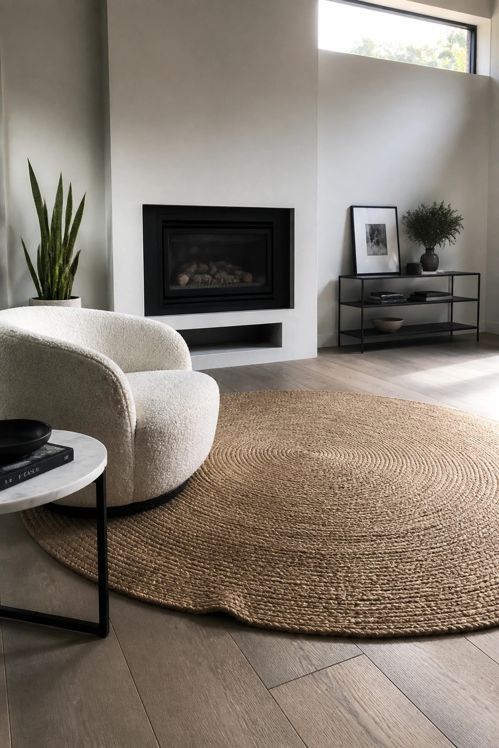 A living room featuring a white bouclé armchair on a round jute rug, a black-framed fireplace in a white wall, and a black metal console table holding books and a framed print.
