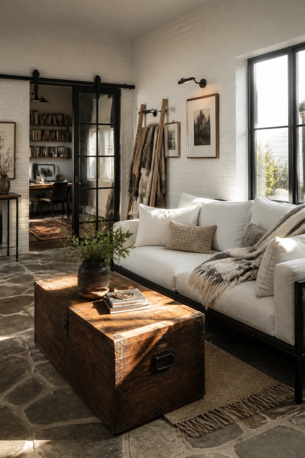 Rustic living room with white sofa, wooden trunk table, stone floor, and brick walls