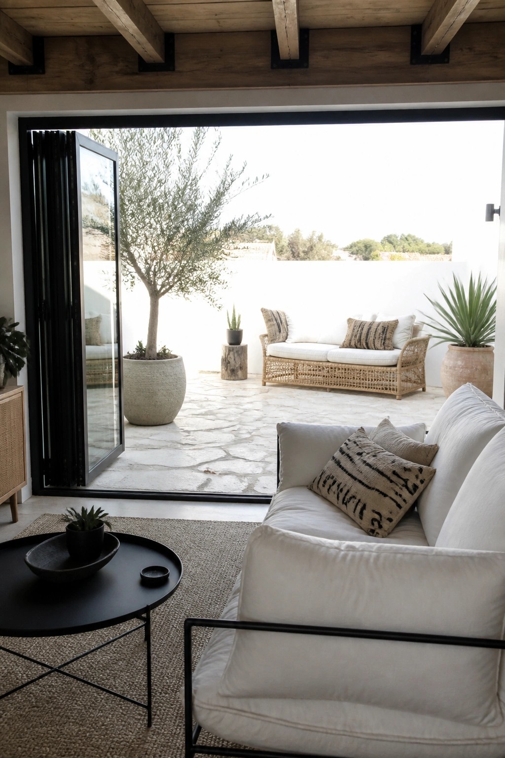 A white sofa with a thin black metal frame sits on a woven rug beside a round black coffee table, with large open doors showing a stone patio beyond.