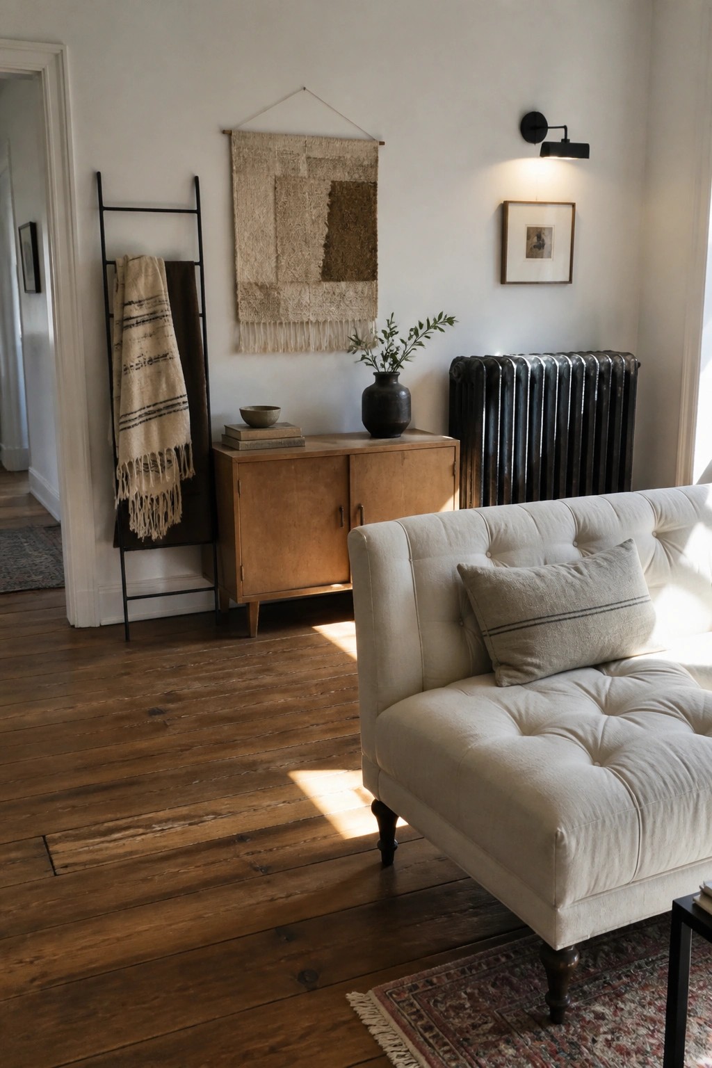 White tufted sofa beside wooden cabinet, woven wall hanging, and black radiator in sunlit room