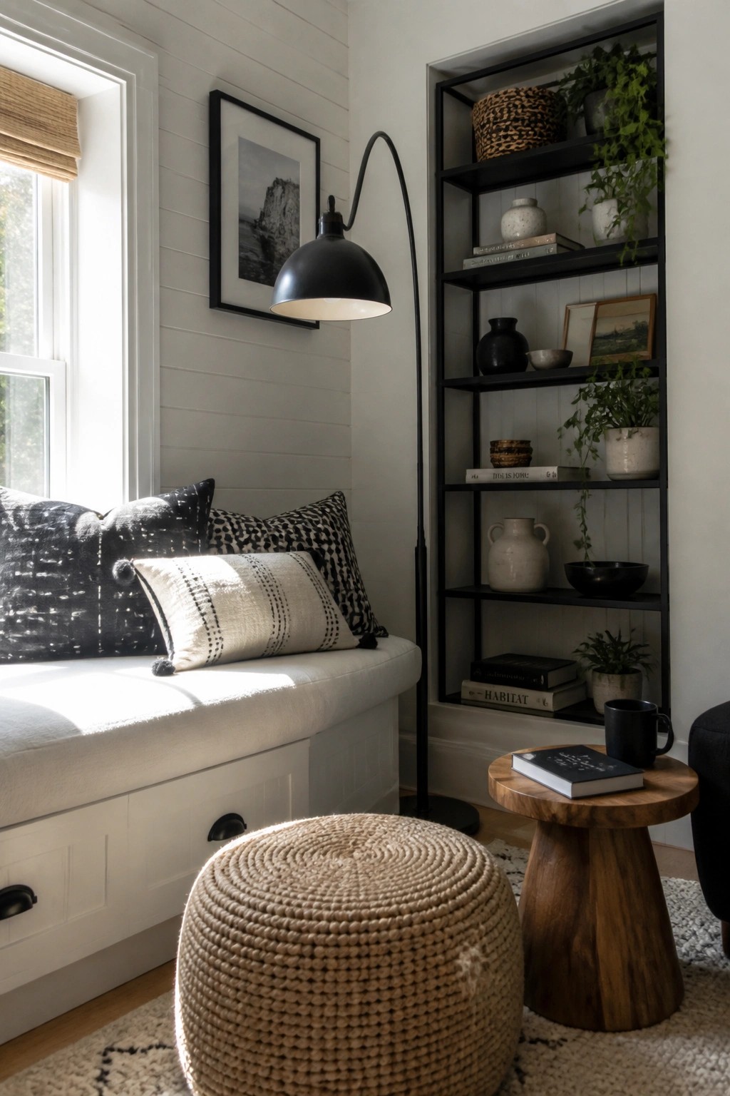 A bright corner nook with a white window seat, patterned pillows, a black floor lamp, and a tall black metal bookshelf holding books, vases, and plants.