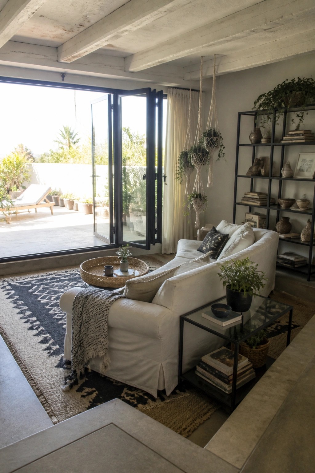 A bright living room with a white sofa on patterned rugs, a black metal shelving unit on the right, and large open glass doors leading outside.