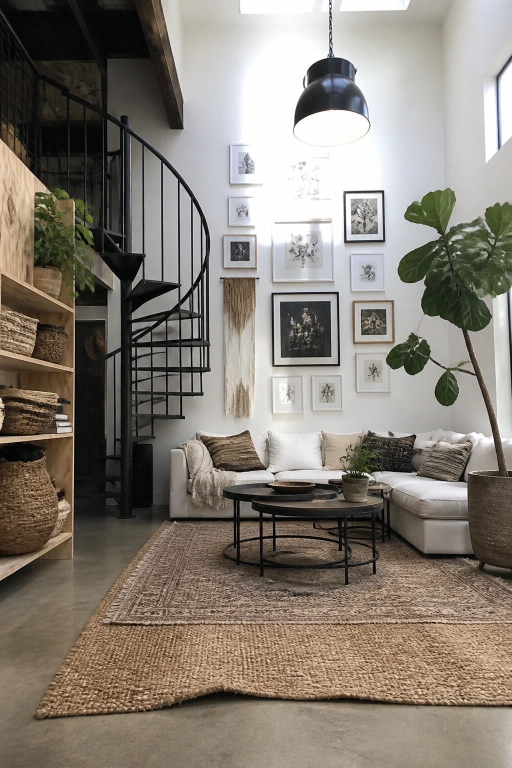 A bright living room with a white sectional sofa, round black metal coffee tables, a large jute rug, a black spiral staircase on the left, a gallery wall of framed prints, and a tall potted fiddle leaf fig plant.