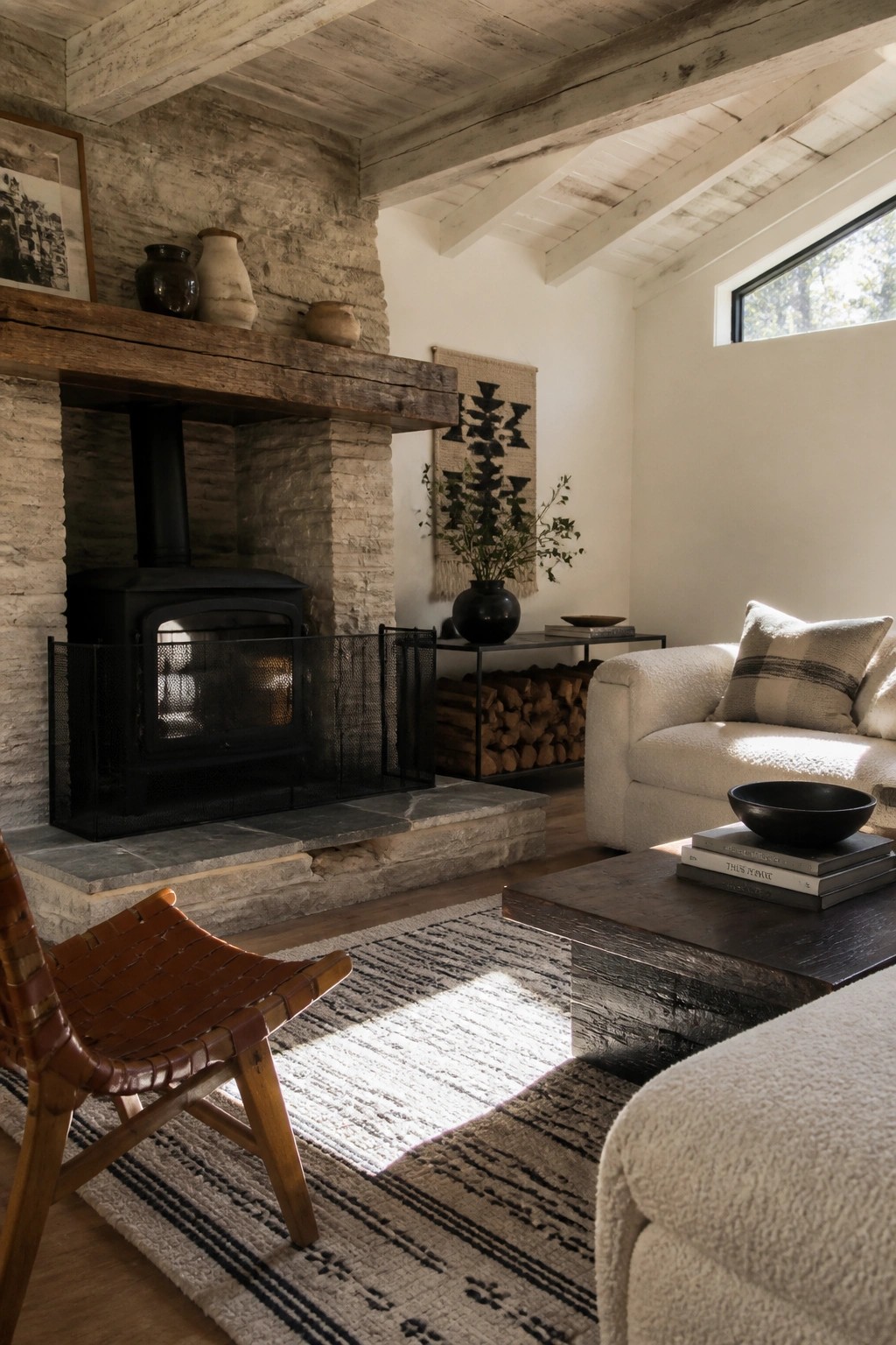 Rustic living room with stone fireplace, black stove, white sofa, woven chair, and sunlight.