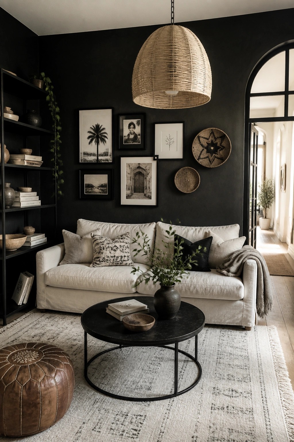 A living room with black walls, a white sofa, a black round coffee table on a light rug, wall art, woven baskets, and a leather pouf.
