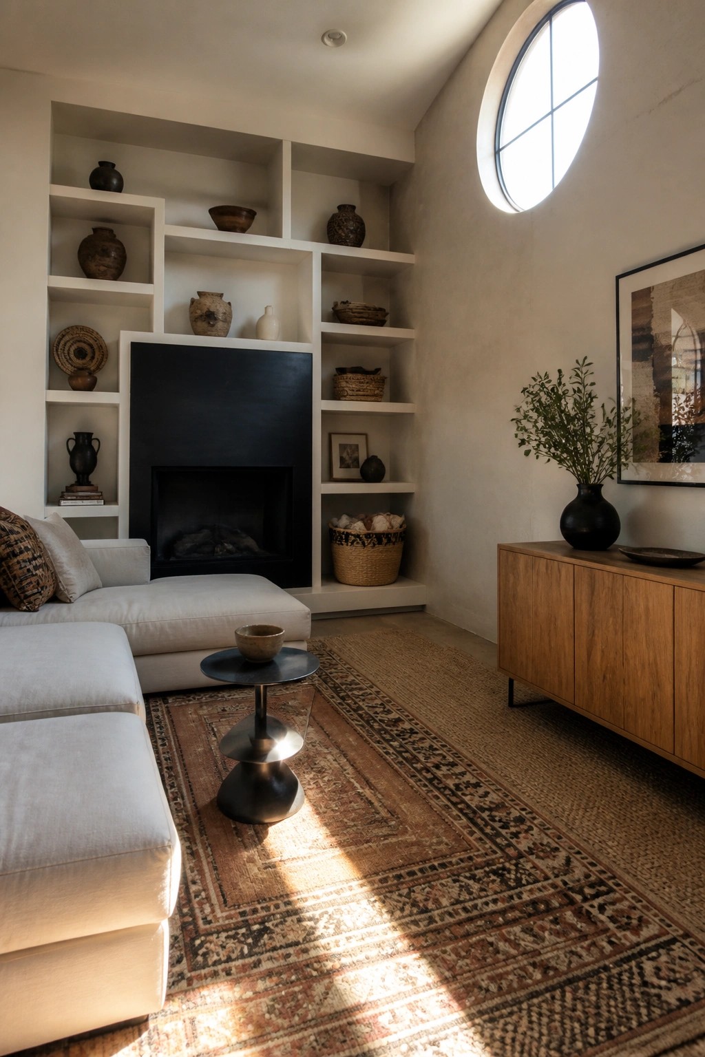 A modern living room features white built-in shelving surrounding a black fireplace, a white sectional sofa on a patterned rug, a round metal coffee table, and a wooden sideboard beneath a circular window.