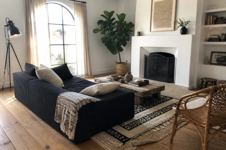 24 Striking Black and White Modern Boho Living Room Ideas Featuring Black Metal Accents A living room with a dark sofa, white fireplace with black metal screen, wooden coffee table on patterned rugs, and a black floor lamp near an arched window.