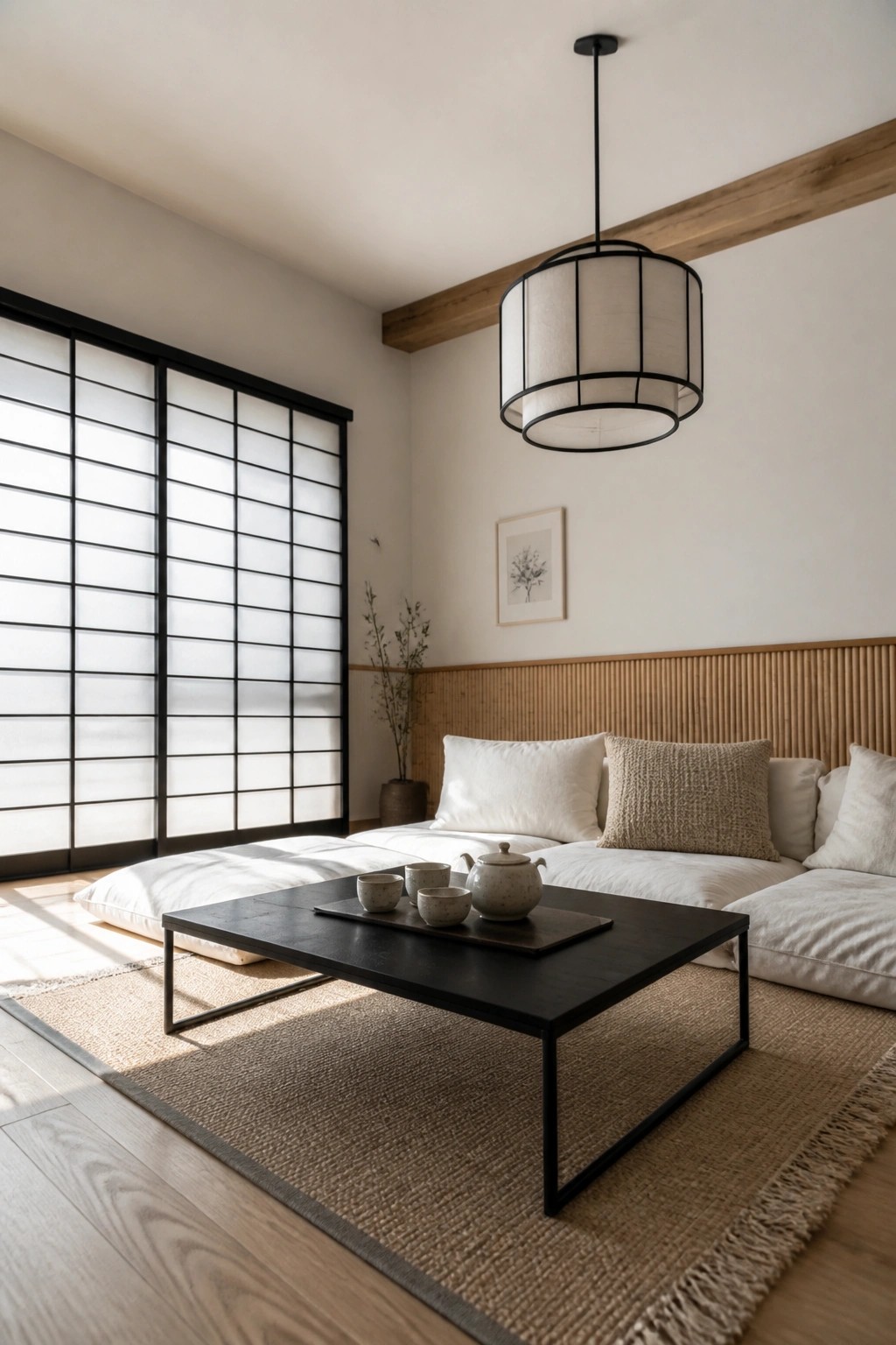A calm living room with a low black metal coffee table on a woven rug, white floor cushions, and shoji screens along one wall.