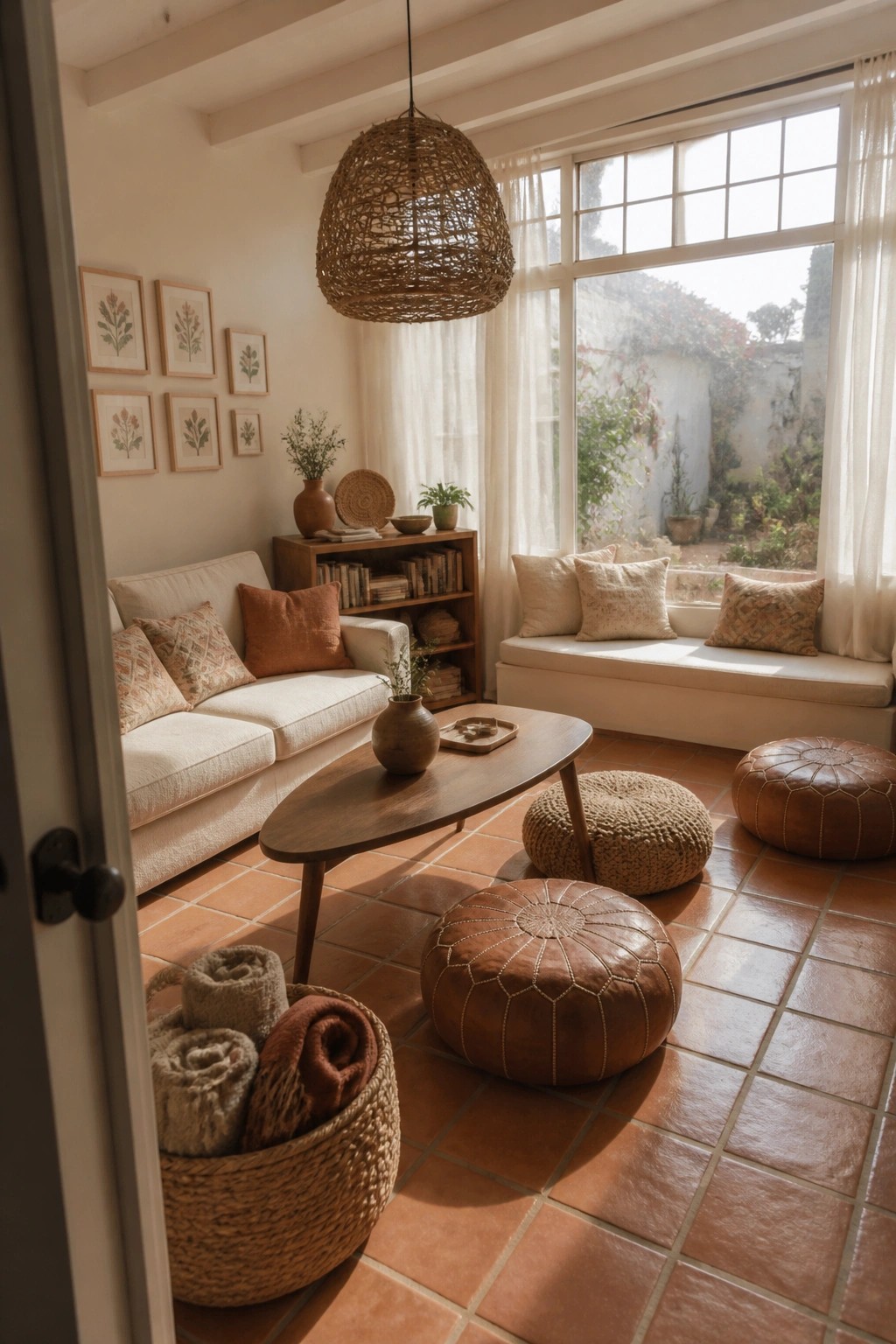 A living room with a large woven pendant light hanging above an oval wooden coffee table, surrounded by brown leather and woven poufs on terracotta tile, next to a white sofa and a window seat.