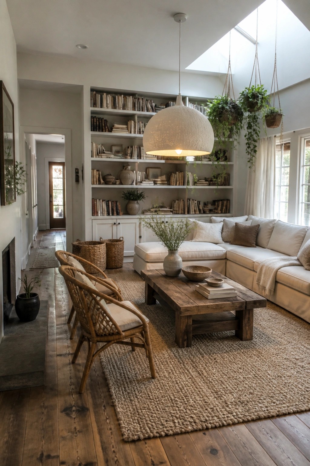 Cozy neutral living room with white sofa, rustic table, wicker chairs, and bookshelves