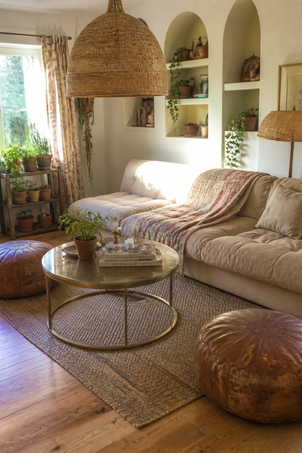 A living room with a large woven pendant light hanging above a round coffee table, beige sectional sofa, and leather poufs on a woven rug.