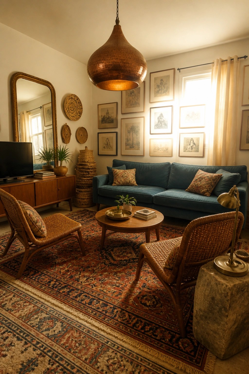 A living room featuring a large hammered copper pendant light centered above a wooden coffee table, blue sofa, and wicker chairs on a patterned rug.