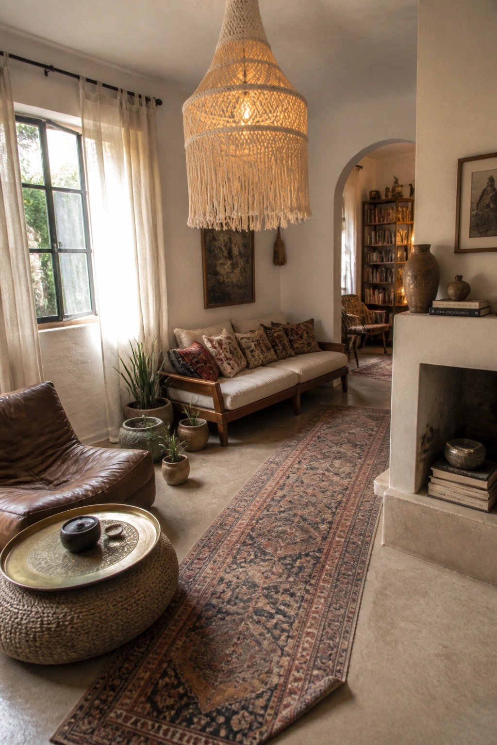 A boho-style living room featuring a large macrame pendant light above a white sofa, brown leather chair, potted plants, and patterned rugs on concrete flooring.