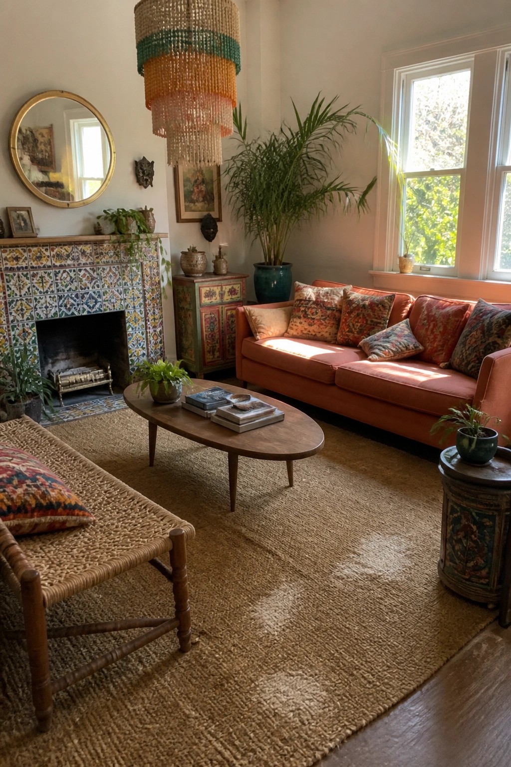 A living room featuring a colorful beaded pendant light above an oval wooden coffee table, an orange sofa with patterned pillows, a tiled fireplace, a woven jute rug, and a rattan chair in the foreground.