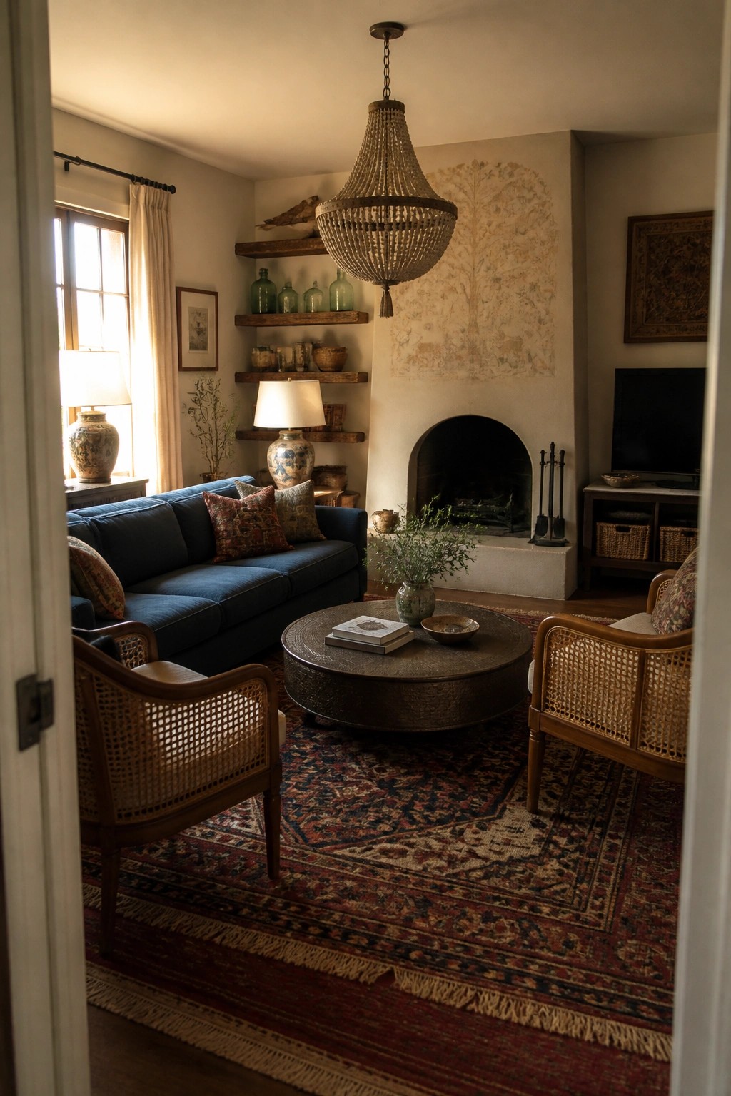 A living room featuring a large beaded chandelier suspended above a round coffee table, with a blue sofa, woven armchairs, a fireplace, and wooden floating shelves along the wall.