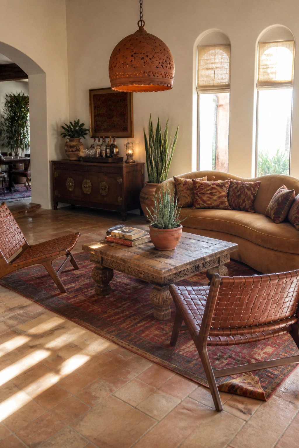 A boho-style living room with a large terracotta pendant light hanging above a carved wooden coffee table, surrounded by a curved leather sofa, woven leather chairs, and potted plants on a red patterned rug.