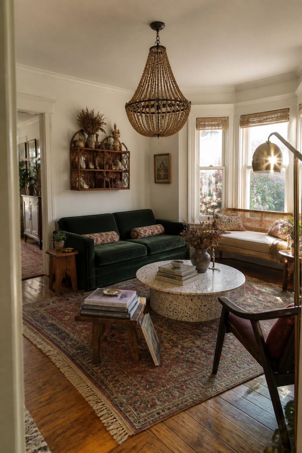 A living room with a large beaded chandelier hanging above a round terrazzo coffee table, green velvet sofa, patterned rugs, and wooden furniture near windows with bamboo shades.