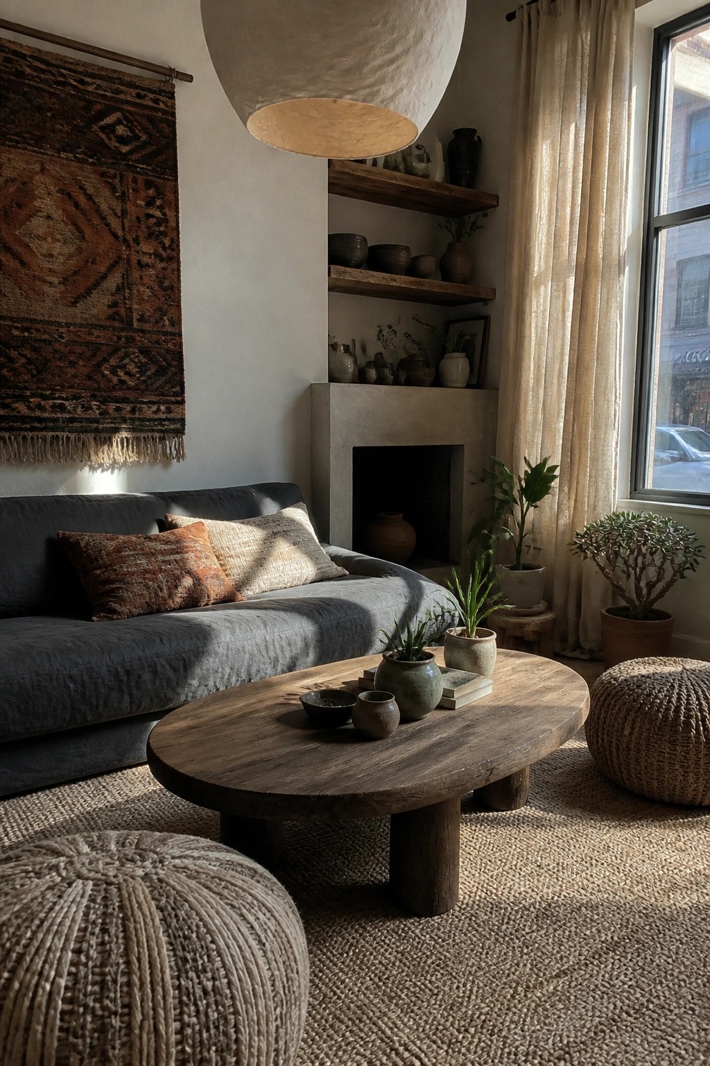 A living room interior with a large textured pendant light hanging over a round wooden coffee table, a gray sofa with pillows, woven poufs on a jute rug, built-in shelves, and a fireplace.