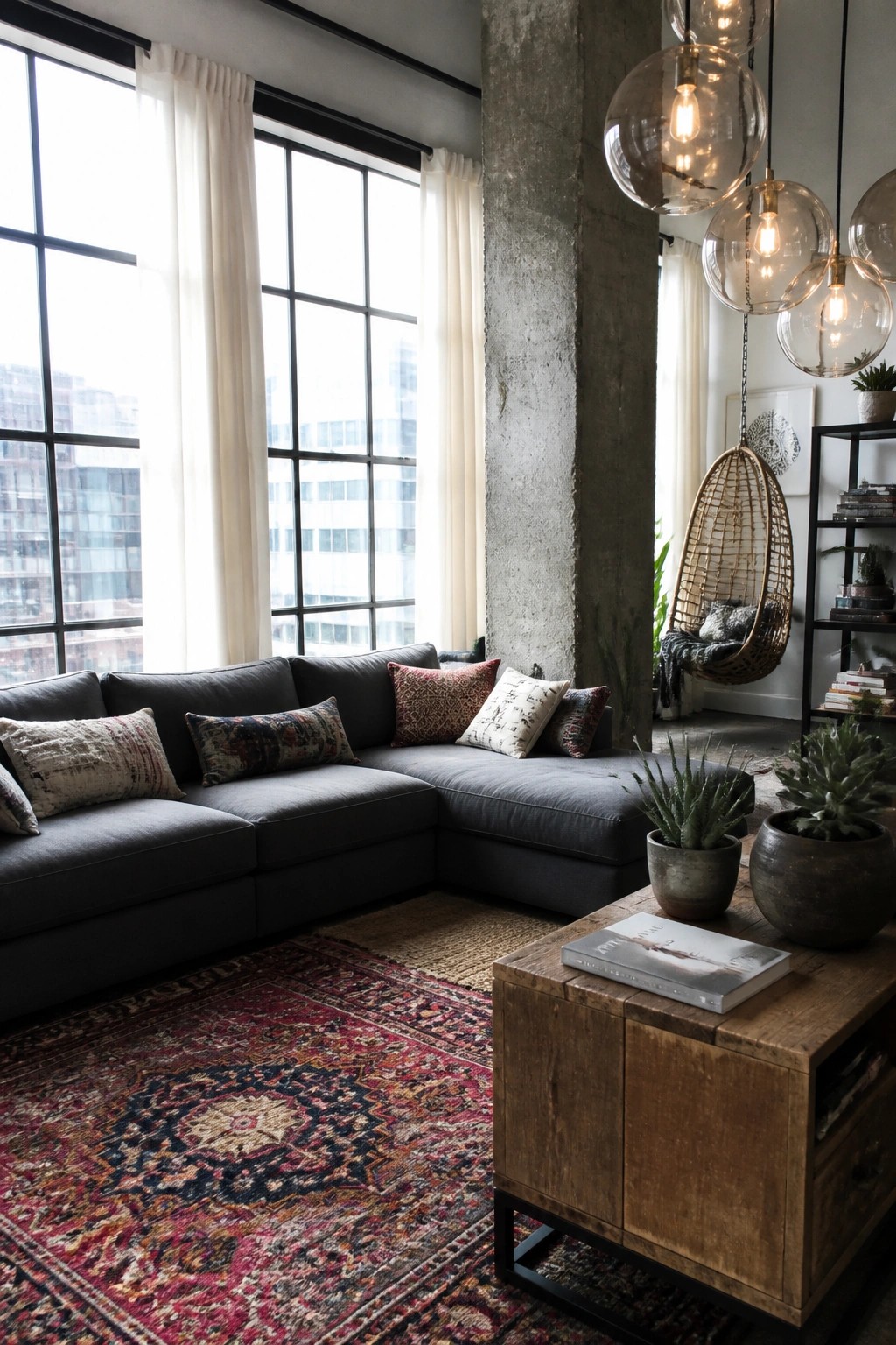 A spacious living room featuring a large gray sectional sofa on a red patterned rug, a cluster of clear glass globe pendant lights hanging above, and a wicker hanging chair near a concrete pillar.