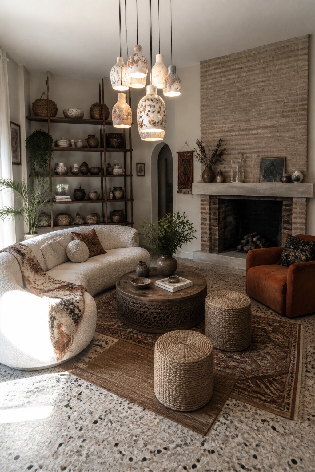 A living room with a white curved sofa, wooden coffee table, two woven ottomans, and a brick fireplace, lit by a cluster of ceramic pendant lights hanging above the seating.
