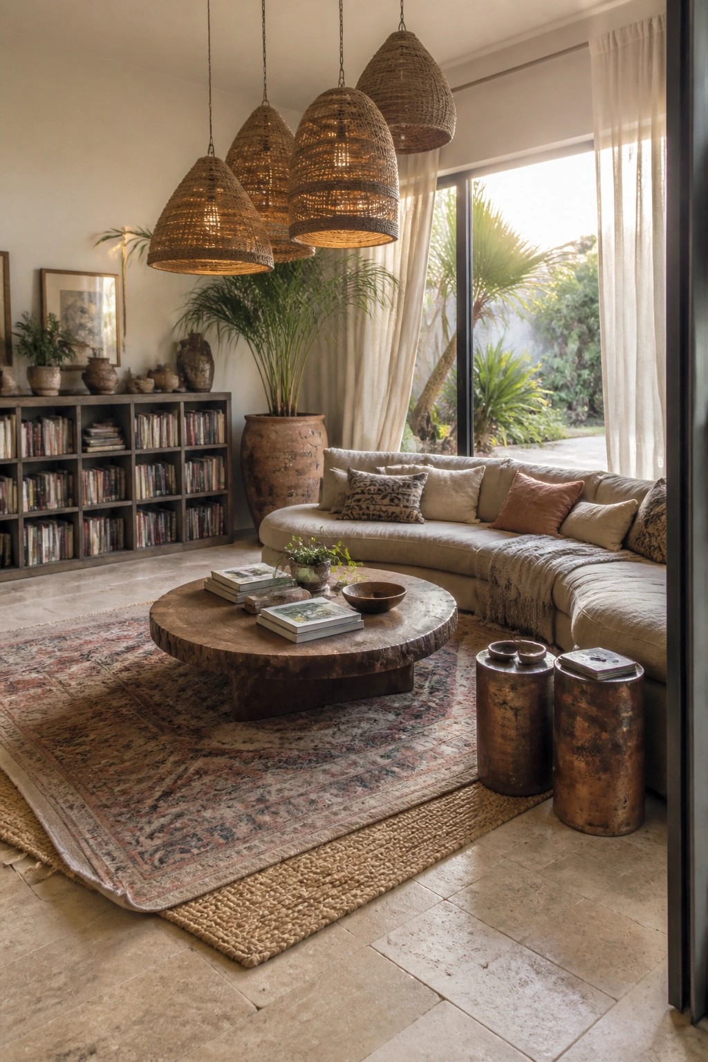A living room with a curved beige sectional sofa, round wooden coffee table on a patterned rug, and four large woven pendant lights hanging at different heights above the seating area.