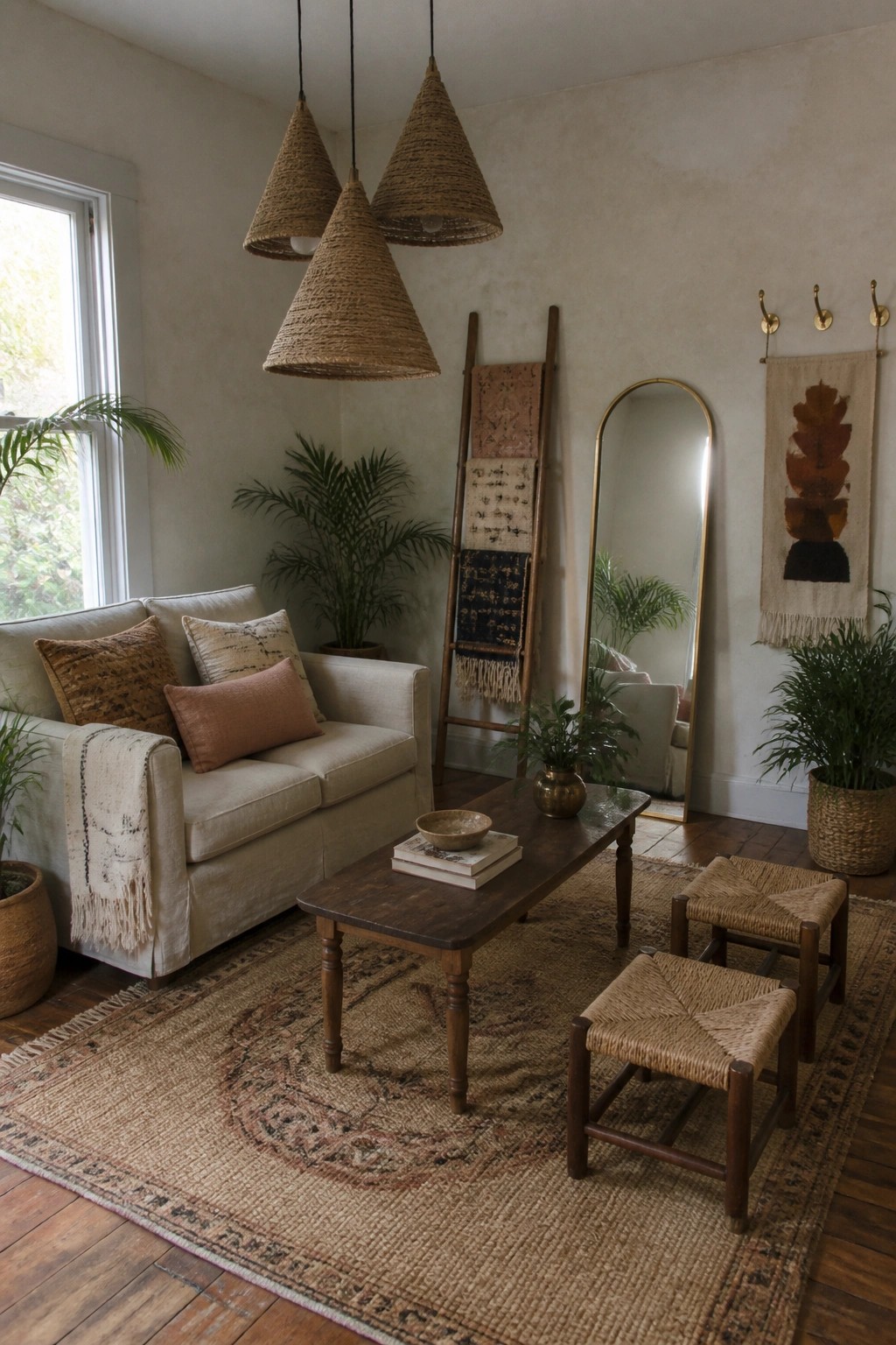 A living room with three large woven pendant lights clustered above a wooden coffee table on a patterned rug, next to a light-colored sofa and potted plants.