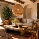 A living room with a large spherical woven pendant light suspended above a wooden coffee table on a patterned rug, next to a beige sofa and potted plants.