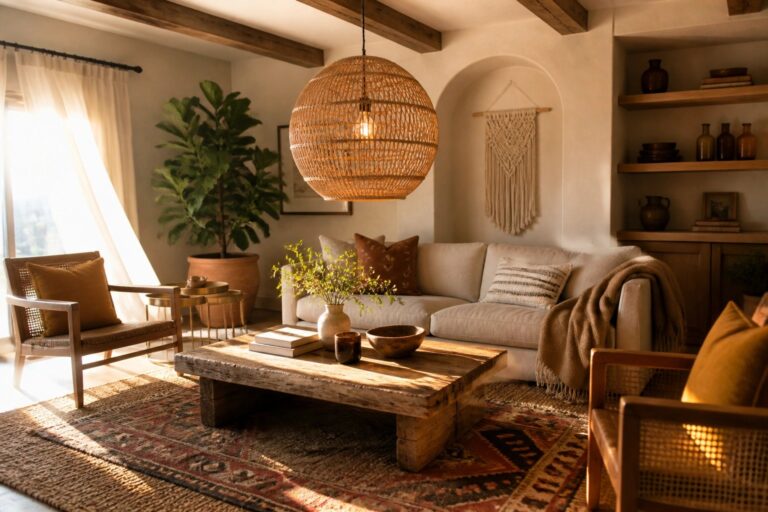 24 Striking Boho Chic Living Room Ideas Built Around Statement Pendant Lighting A living room with a large spherical woven pendant light suspended above a wooden coffee table on a patterned rug, next to a beige sofa and potted plants.