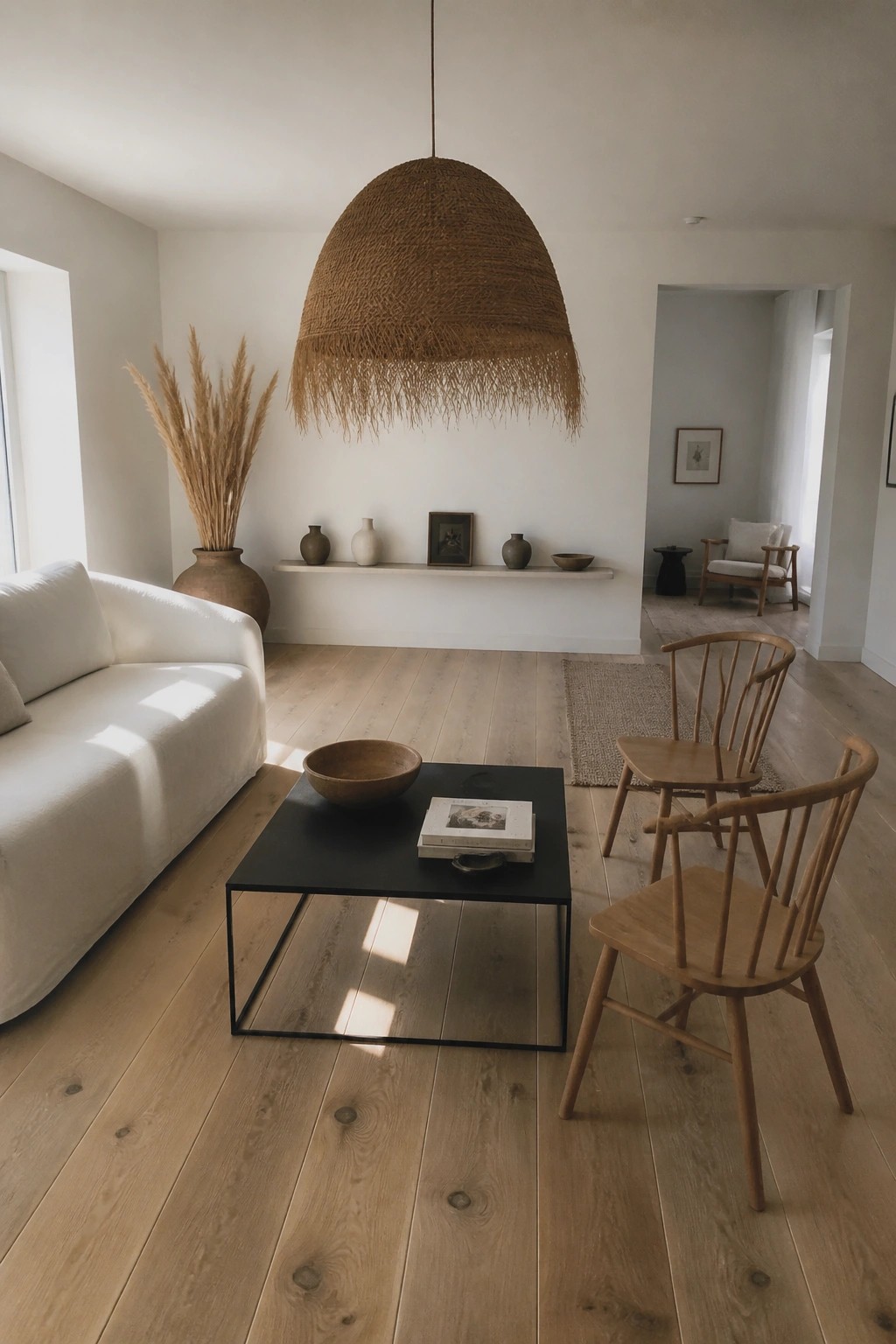 A bright living room featuring a large fringed woven pendant light above a black coffee table, with a white sofa on the left and two wooden spindle chairs on the right.