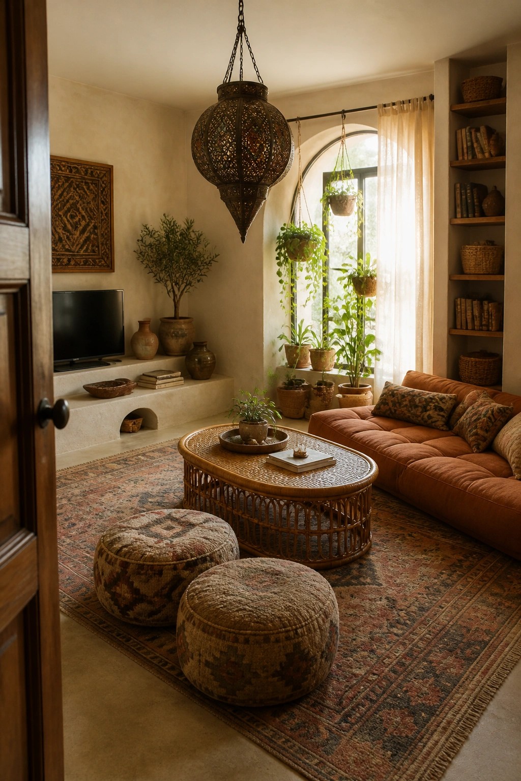 A boho living room with a large ornate metal pendant light hanging above a rattan coffee table, surrounded by a terracotta sofa, patterned rug, floor cushions, and potted plants near an arched window.