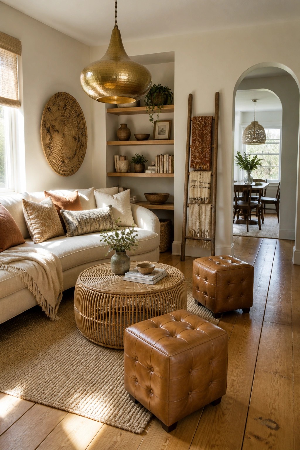A living room with a large hammered gold pendant light above a round rattan coffee table, white curved sofa, two brown leather ottomans, and built-in wooden shelves on a white wall.
