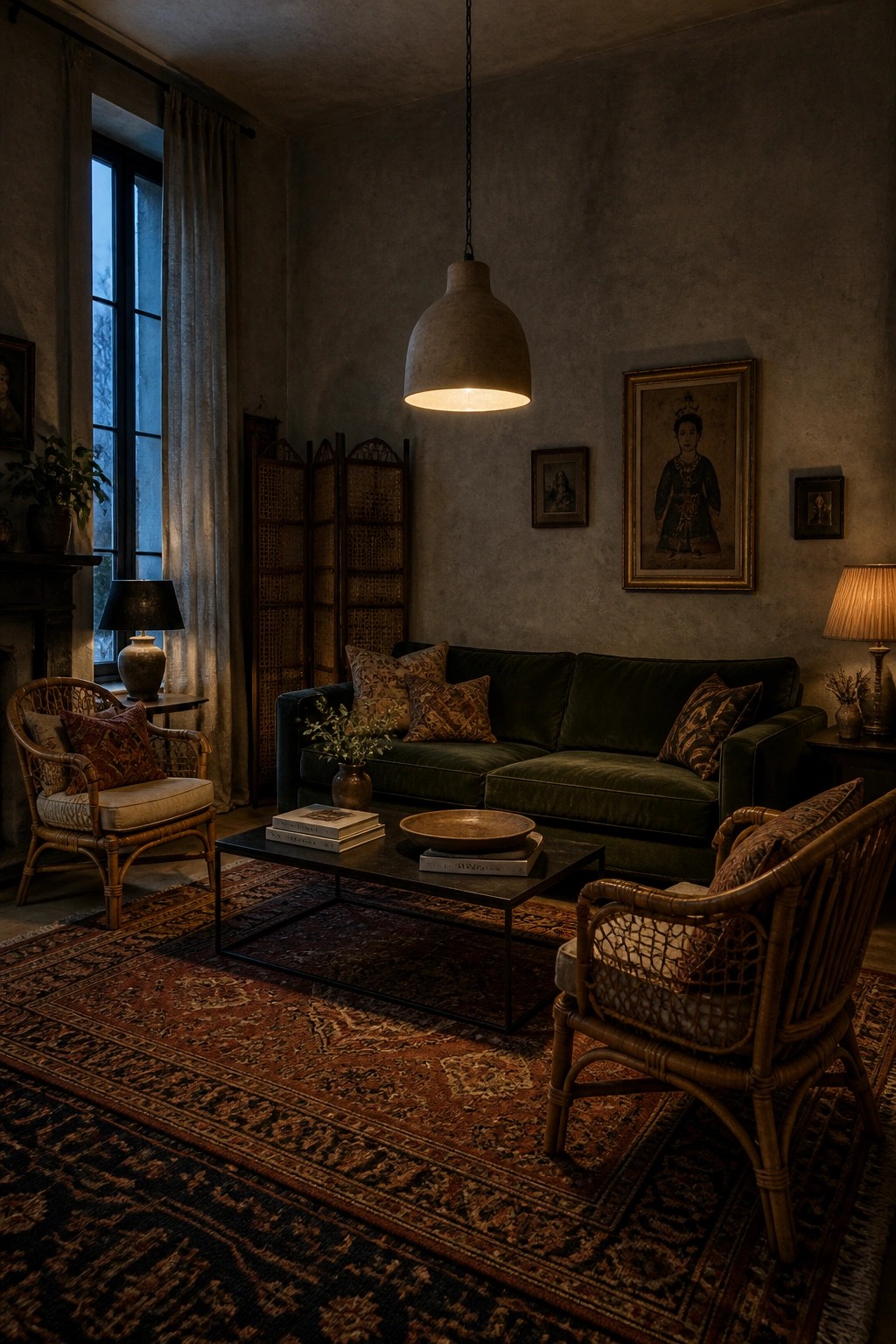A living room with a large hanging pendant light above a dark green sofa, wicker chairs, a patterned rug, and framed art on textured walls.