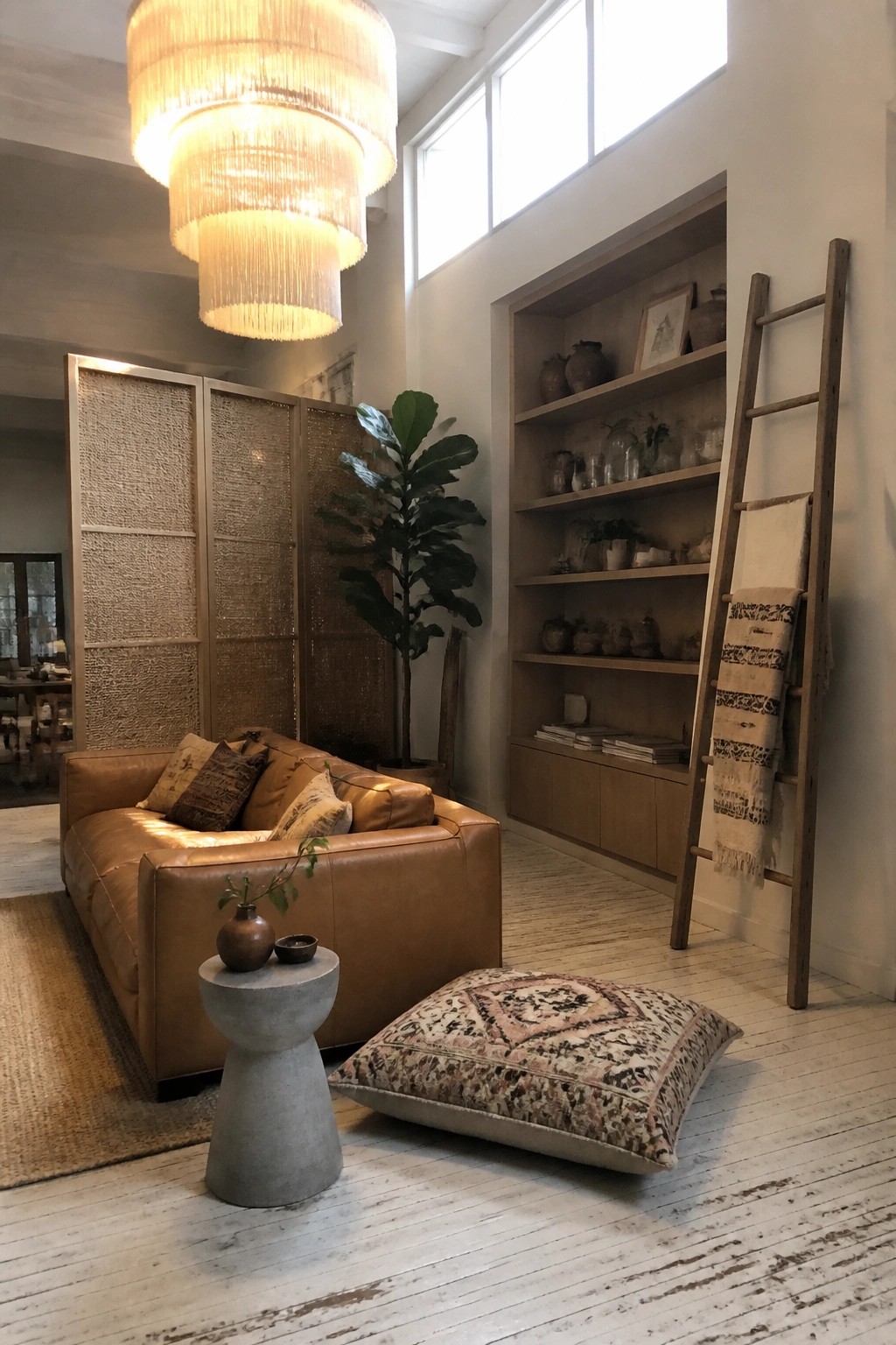 A living room with high ceilings shows a large three-tiered fringed pendant light above a brown leather sofa, a concrete side table, and built-in wooden shelves with a ladder leaning against them.