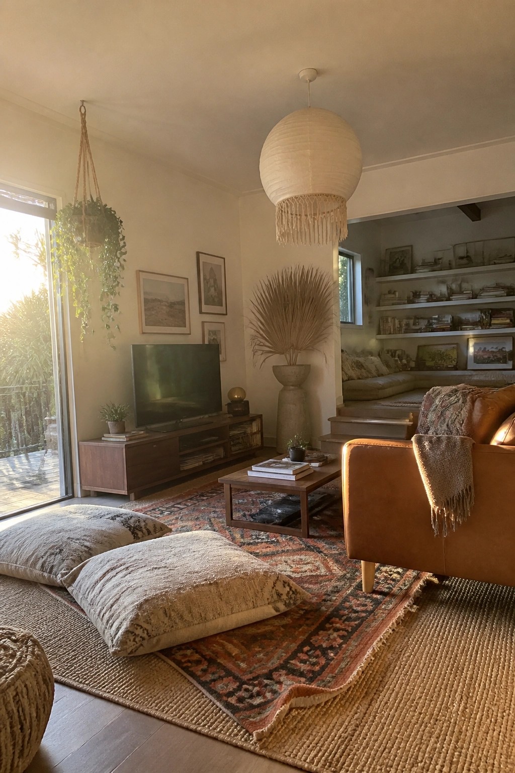 A bright living room with a large round white pendant light hanging from the ceiling, a brown leather sofa, floor cushions on layered rugs, a wooden coffee table, and a TV on a low console.