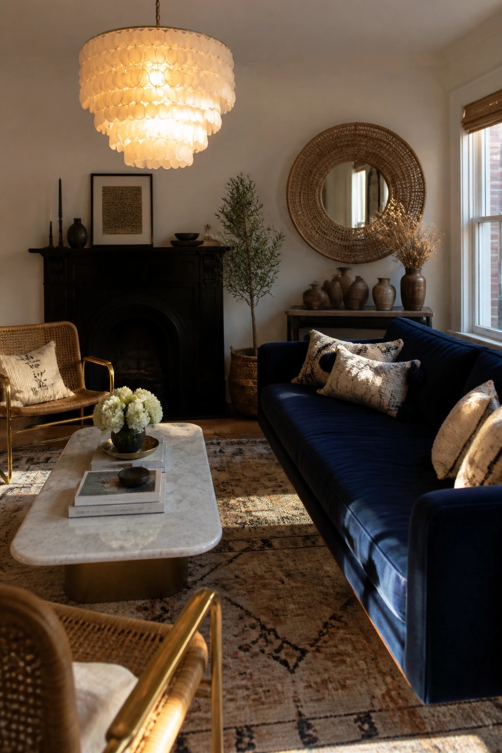 A living room with a large layered capiz shell pendant light above a marble coffee table and navy blue sofa, next to a black fireplace and woven accent chairs.
