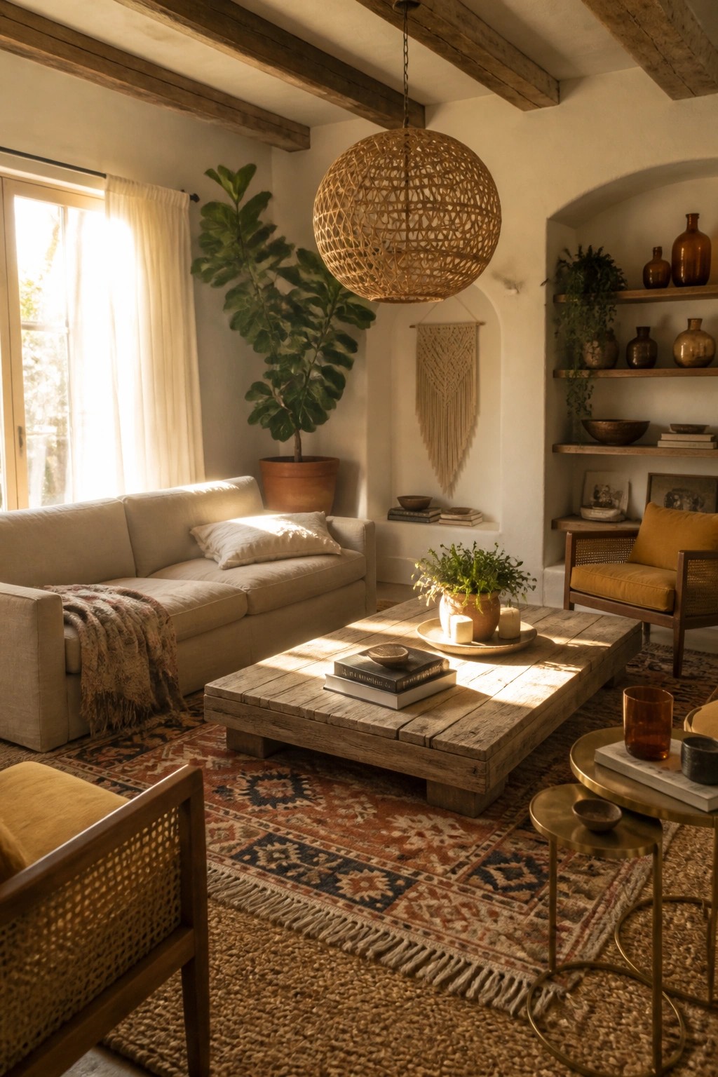 A living room with a large spherical woven pendant light suspended above a wooden coffee table on a patterned rug, next to a beige sofa and potted plants.