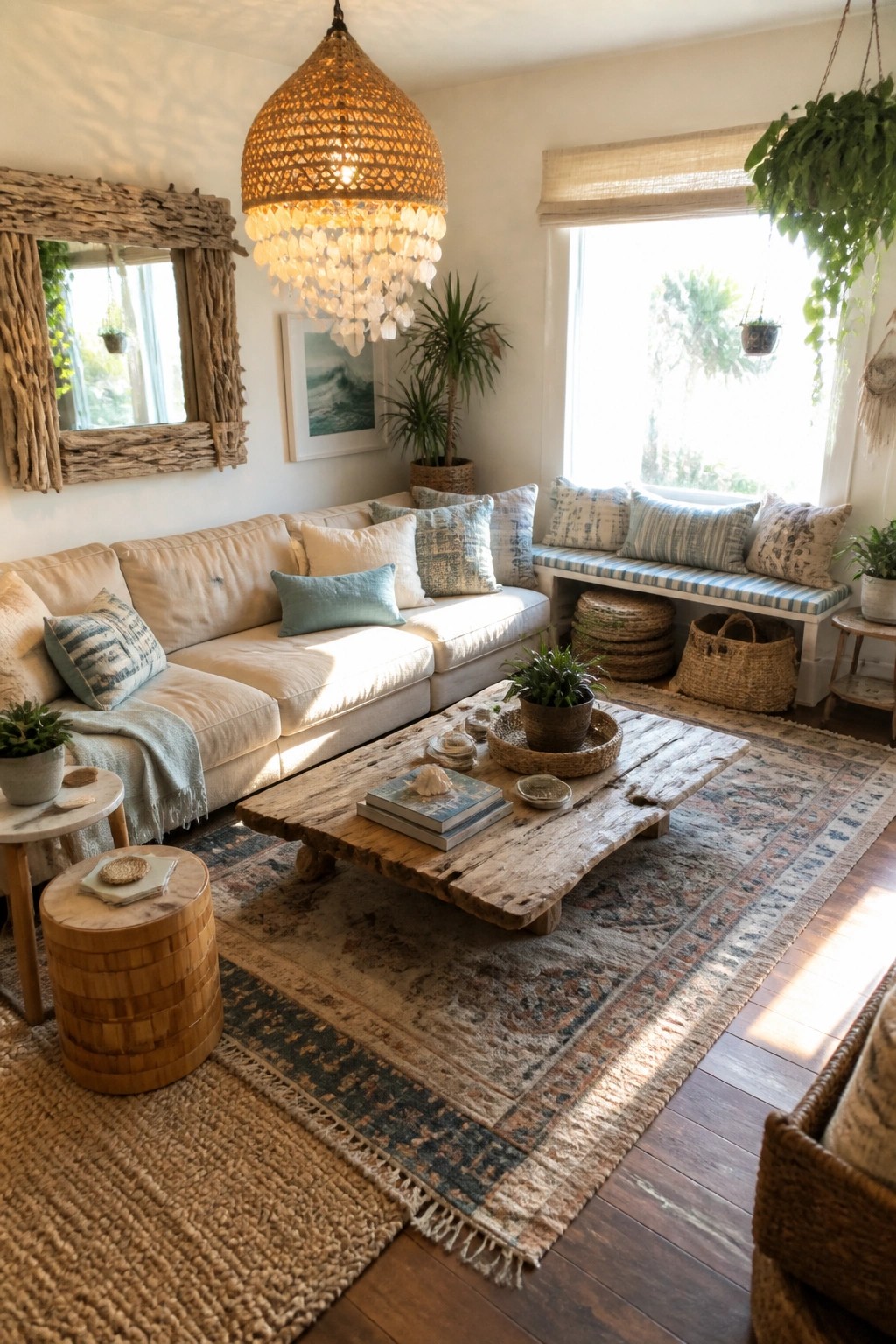A boho-style living room with a large woven pendant light hanging above a rustic wood coffee table, surrounded by a beige sofa, layered rugs, and potted plants near a window.