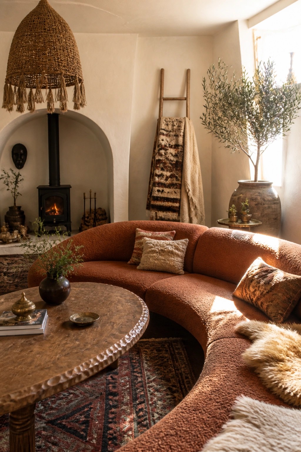 A living room featuring a large curved rust-colored sectional sofa with patterned pillows, a round wooden coffee table, a woven pendant light, and a black stove in an arched alcove.