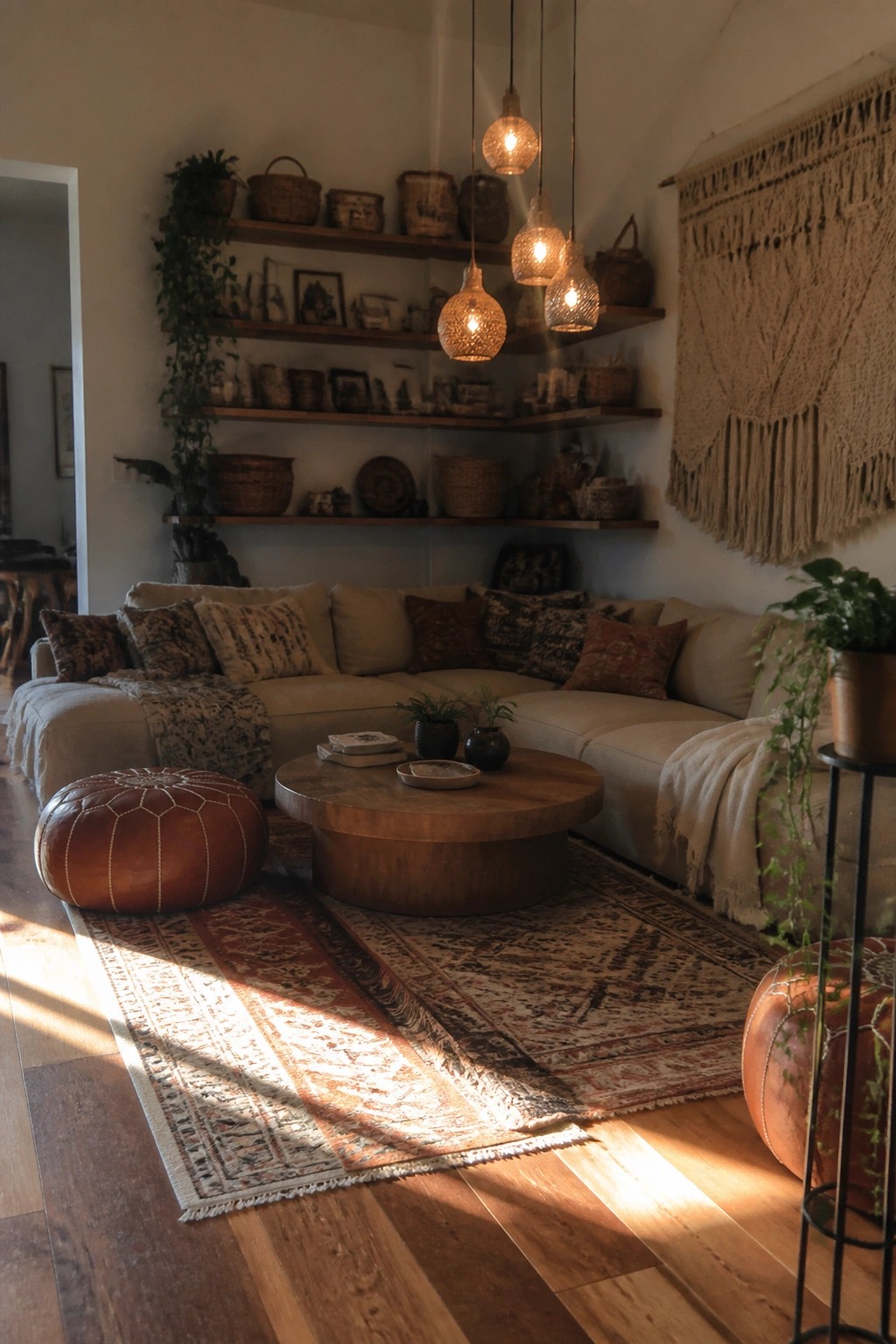Cozy bohemian living room with beige sectional, round wood table, rugs, and pendant lights.